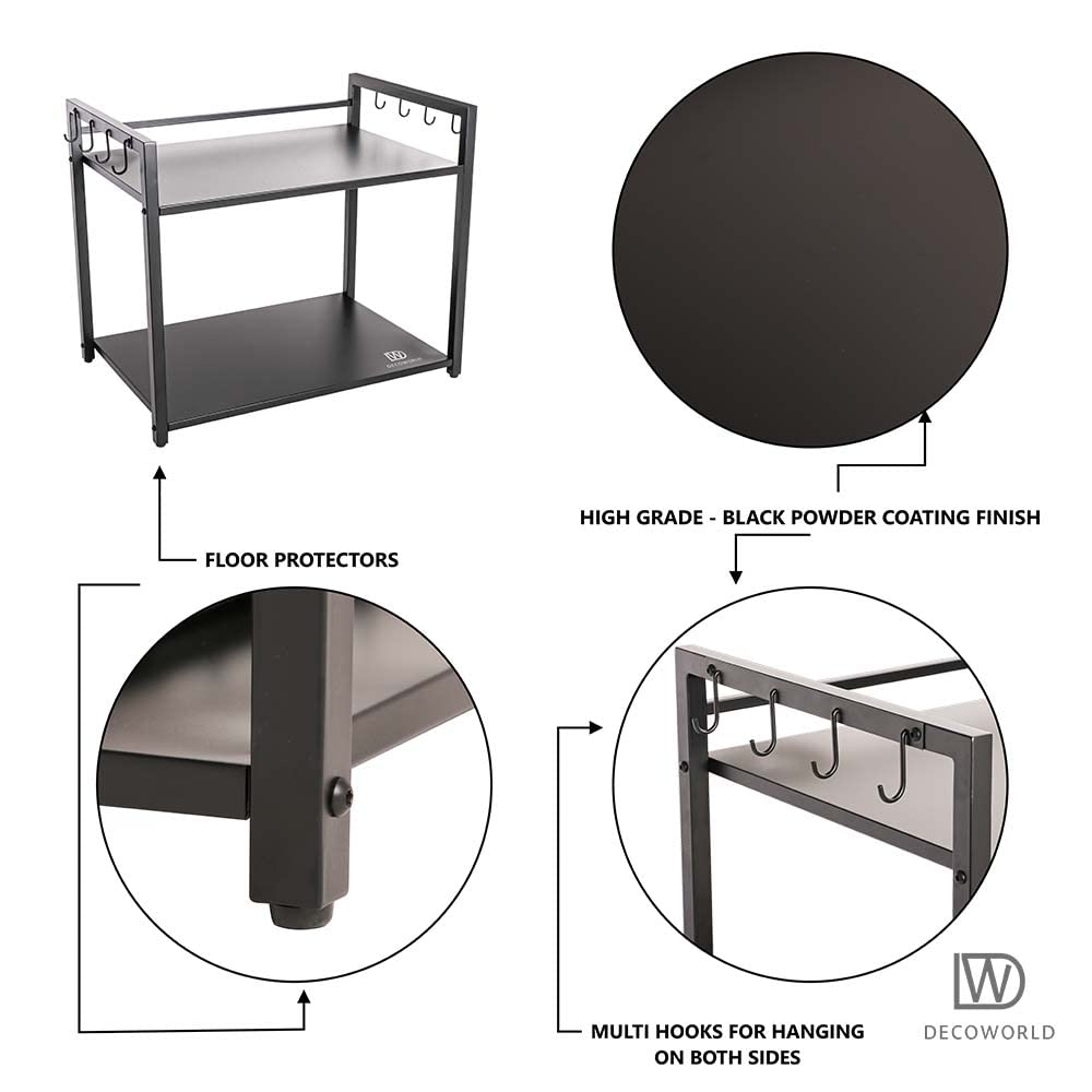 DECOWORLD || Metal Microwave Stand || Microwave & OTG Stand for Kitchen Counter|| Double Platform for Extra Storage with Hooks||